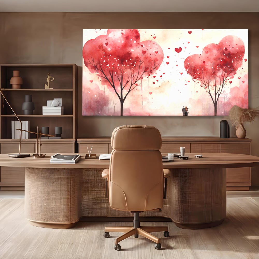 Tablou canvas cu tablou canvas cuplu sub copaci in forma de inima, fara rama, pe sasiu de lemn, pe perete intr-un birou